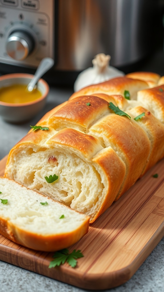 Garlic Bread Made in a Bread Machine Sliced garlic bread with a golden crust and soft interior, garnished with parsley, on a wooden cutting board.